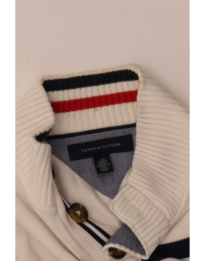 Tommy Hilfiger Suéter tipo jersey con cuello y botones para hombre, tamaño grande, a rayas blancas