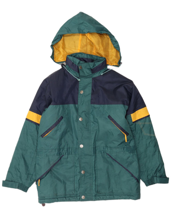 Vintage hombres con capucha chaqueta de lluvia Reino Unido 42 XL verde colorblock nylon