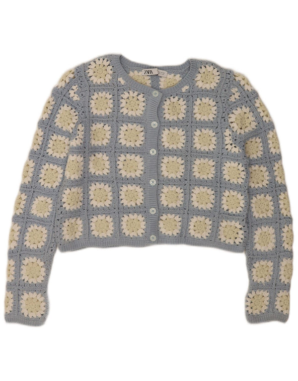 Zara Mujeres Crop Crochet Cardigan Suéter UK 44 Medio Azul Floral