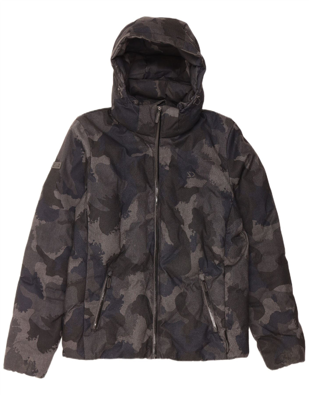 Superdry Chaqueta acolchada con capucha para hombre, talla 38, poliéster de camuflaje negro mediano