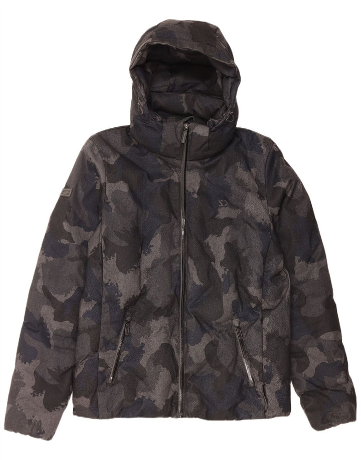 Superdry Chaqueta acolchada con capucha para hombre, talla 38, poliéster de camuflaje negro mediano