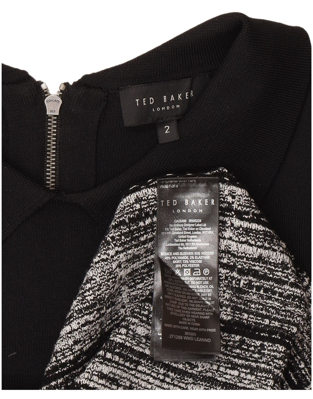 Ted Baker Vestido básico de manga larga para mujer, talla 2, talla pequeña, viscosa a cuadros negros