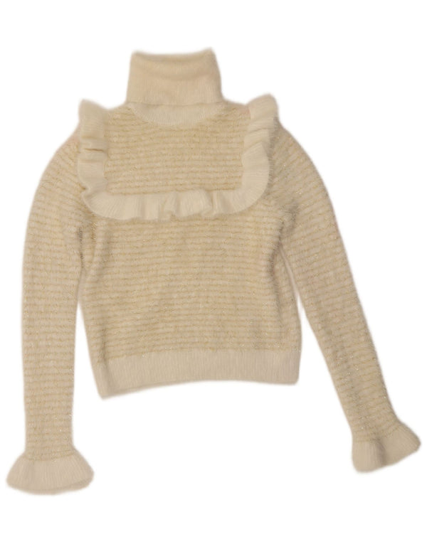 Zara Suéter tipo jersey con cuello vuelto y volantes en la parte delantera para mujer UK 10 Small White Stripes