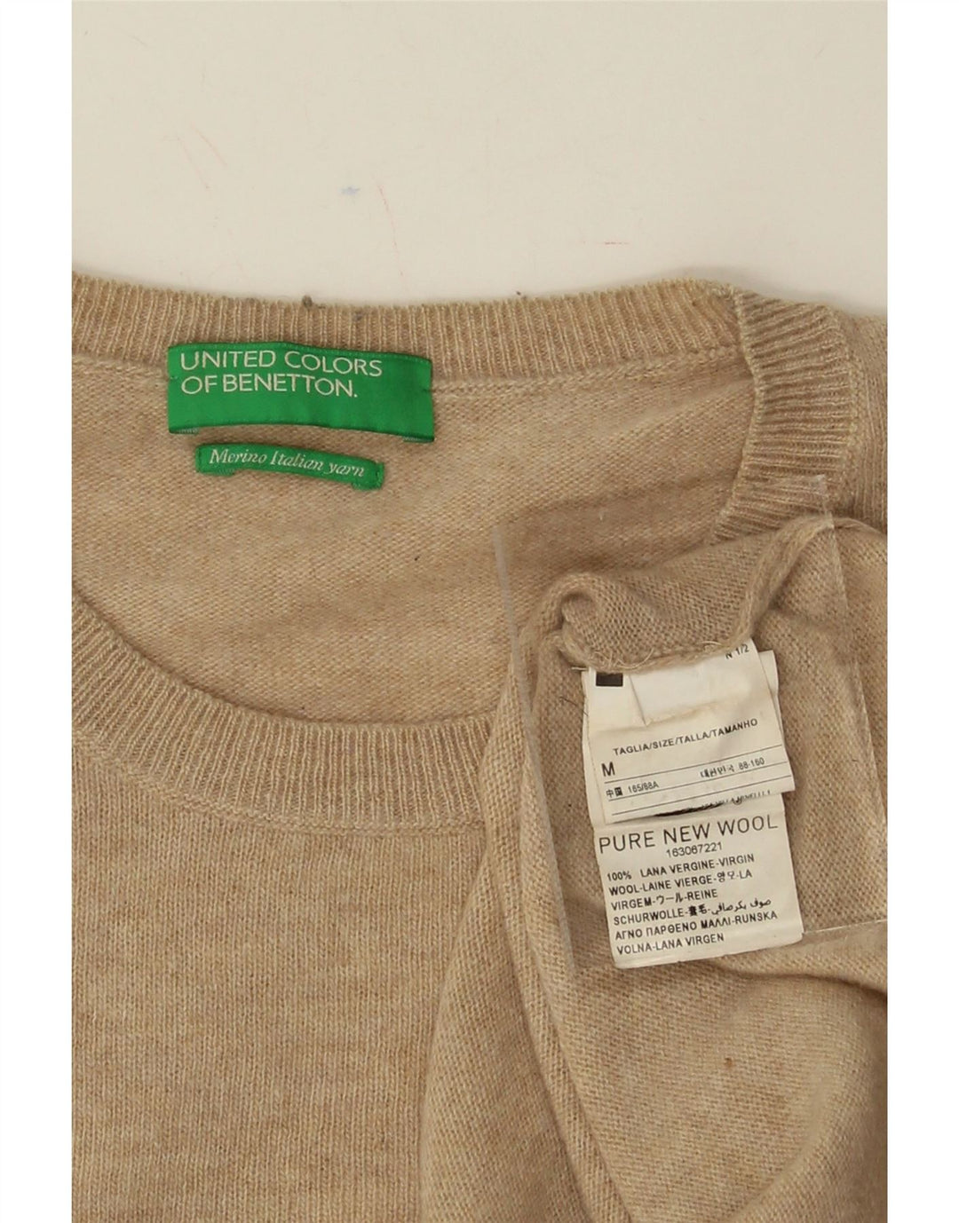 BENETTON Womens Crew Neck Jumper Sweater UK 14 Medium Beige New Wool Vintage Benetton and Second-Hand Benetton from Messina Hembry 
