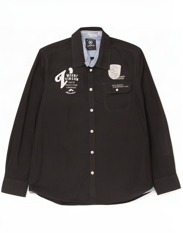 Lerros Camisa gráfica para hombre grande de algodón negro