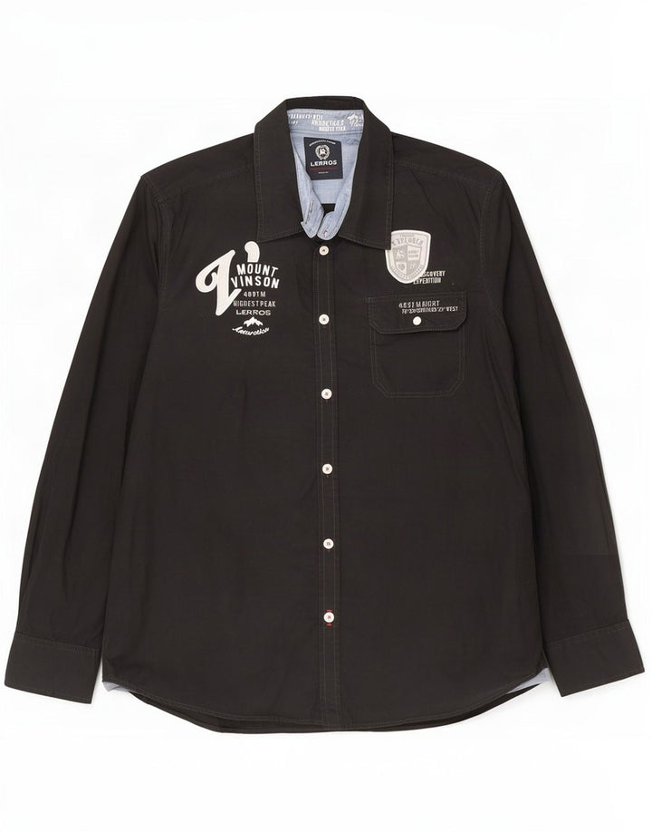 Lerros Camisa gráfica para hombre grande de algodón negro