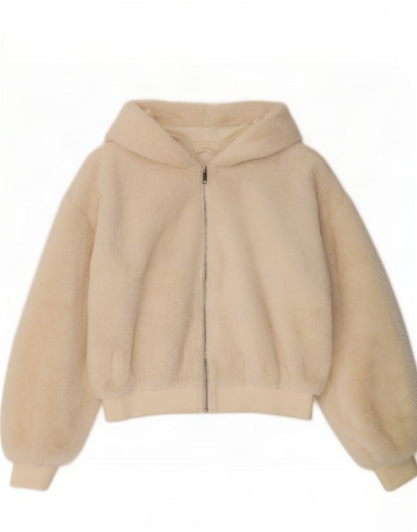 Topshop Chaqueta Bomber con Capucha y Oso de Peluche para Mujer UK 10 Small Off White