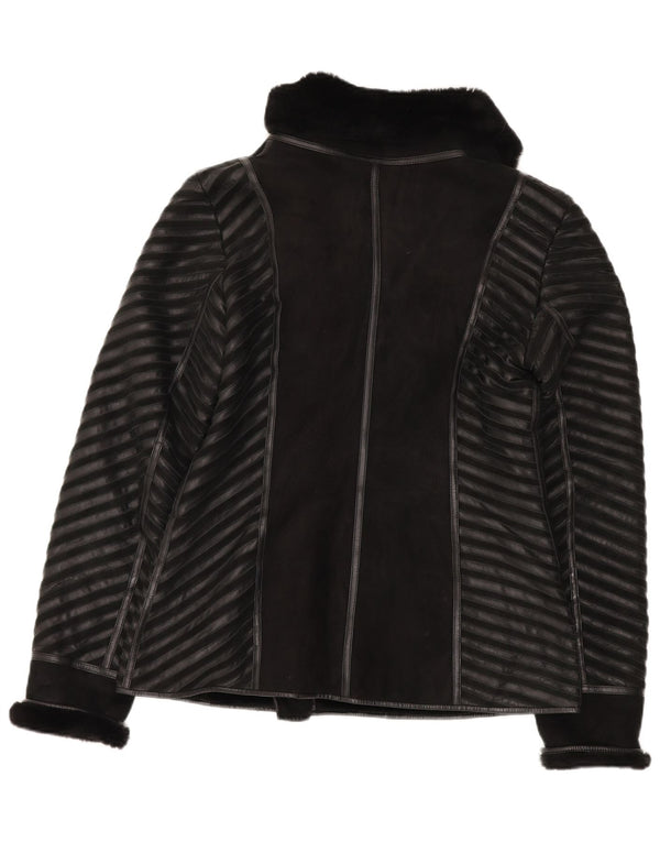 Vintage mujer shearling chaqueta Reino Unido 18 XL cuero de rayas negras