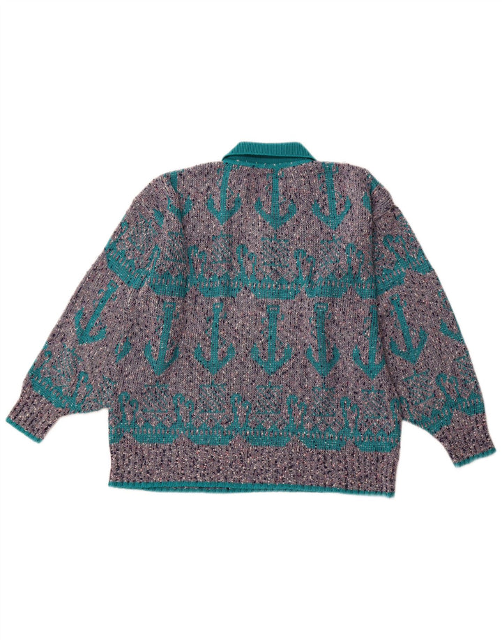 VINTAGE Hombres Patrón Abstracto Polo Cuello Jersey Suéter XL Gris