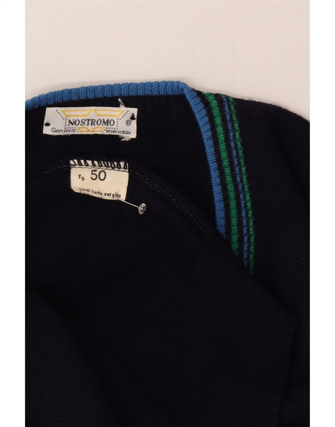 Vintage hombres V-cuello jumper suéter IT 50 medio azul marino lana