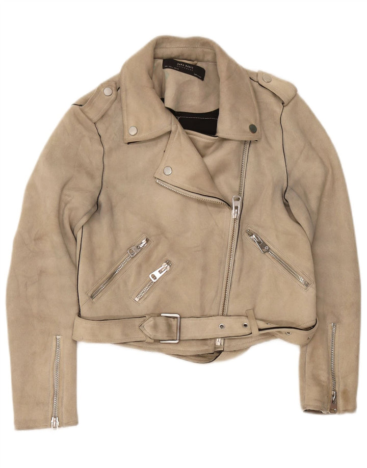 Zara Mujer Crop Biker Jacket UK 10 Small Beige Poliéster
