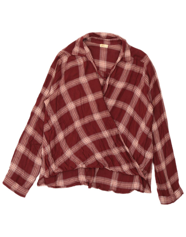 Hollister Blusa de manga larga para mujer UK 10 Small Borgoña Check Viscosa