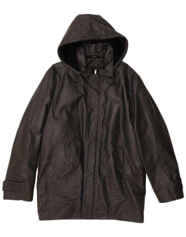 Vintage hombres chaqueta de cuero con capucha IT 50 cuero negro grande