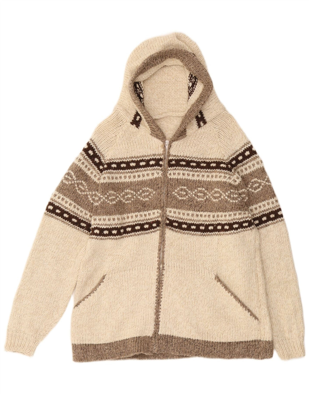 VINTAGE Suéter cárdigan con capucha para hombre Medio Off White Fair Isle