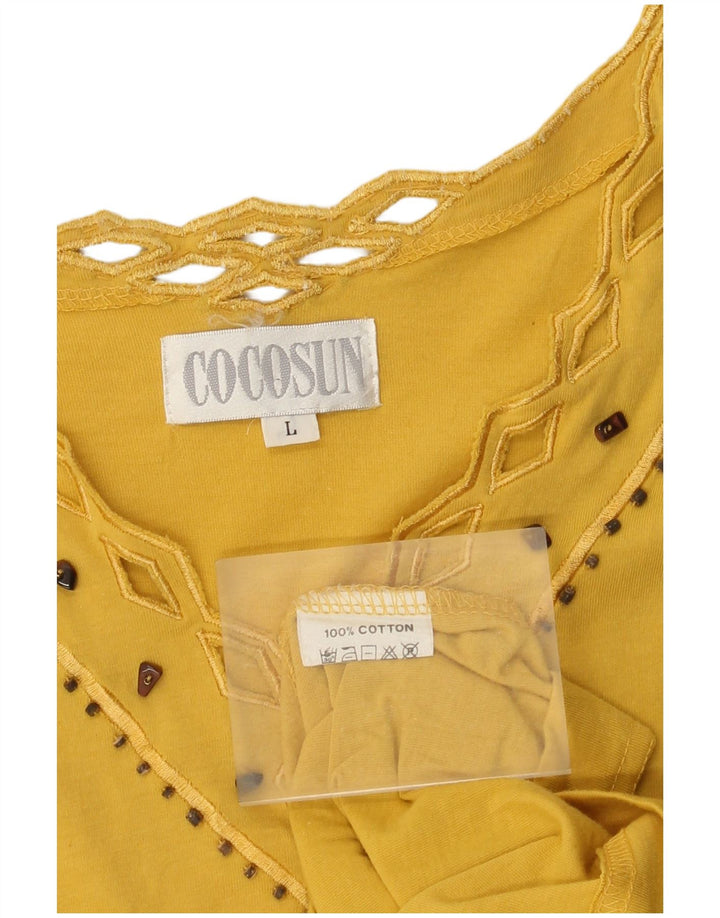 Vintage mujer blusa Top Reino Unido 16 algodón amarillo grande