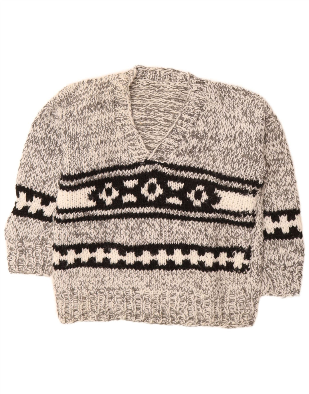 Vintage hombres V-cuello jumper suéter medio gris Fair Isle