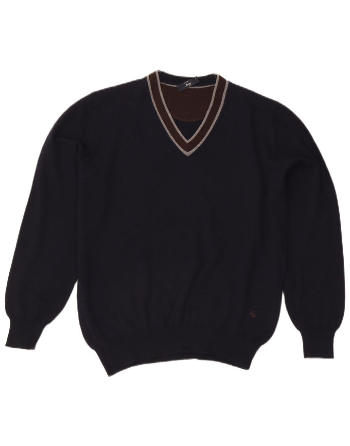 Fay Hombre Jersey Con Cuello En V De Lana Virgen Color Block Azul Marino Medio