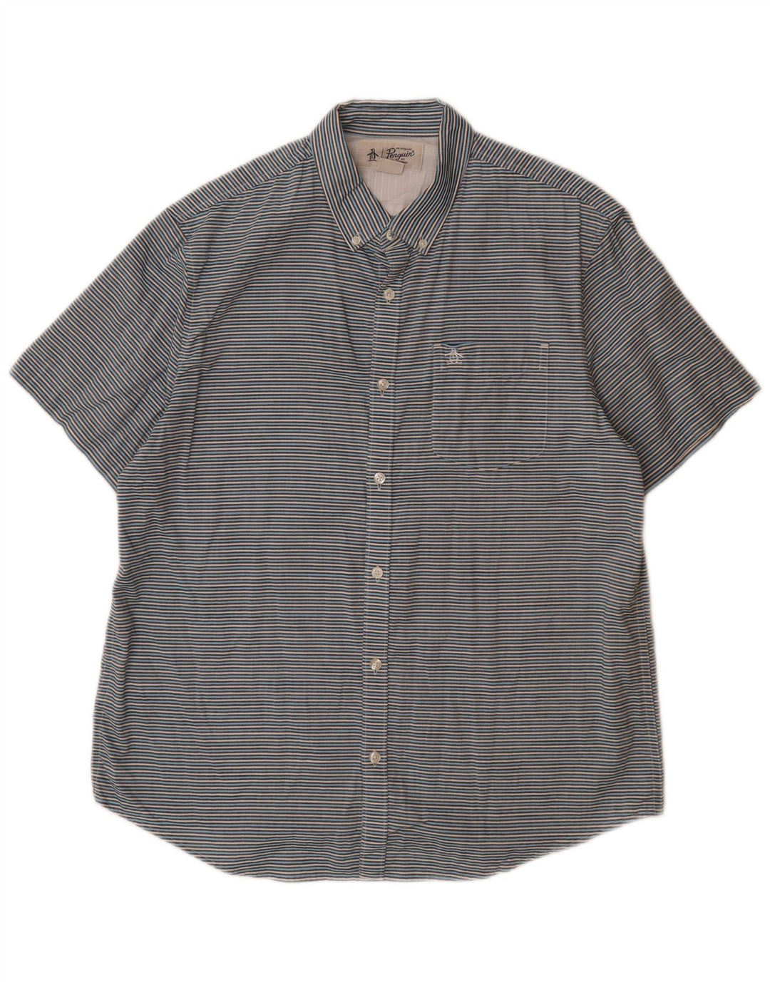 PENGUIN Camisa de manga corta para hombre de algodón a rayas azul grande