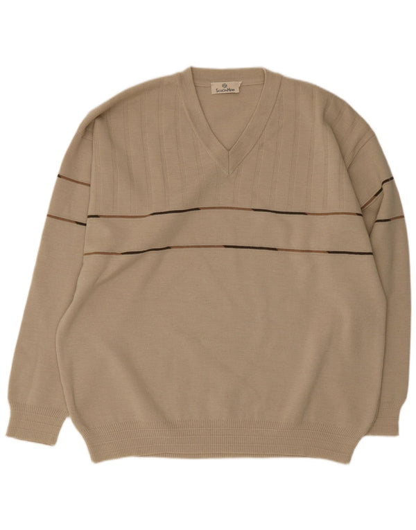 Vintage hombres V-cuello jumper suéter IT 50 medio beige rayas poliacrílico