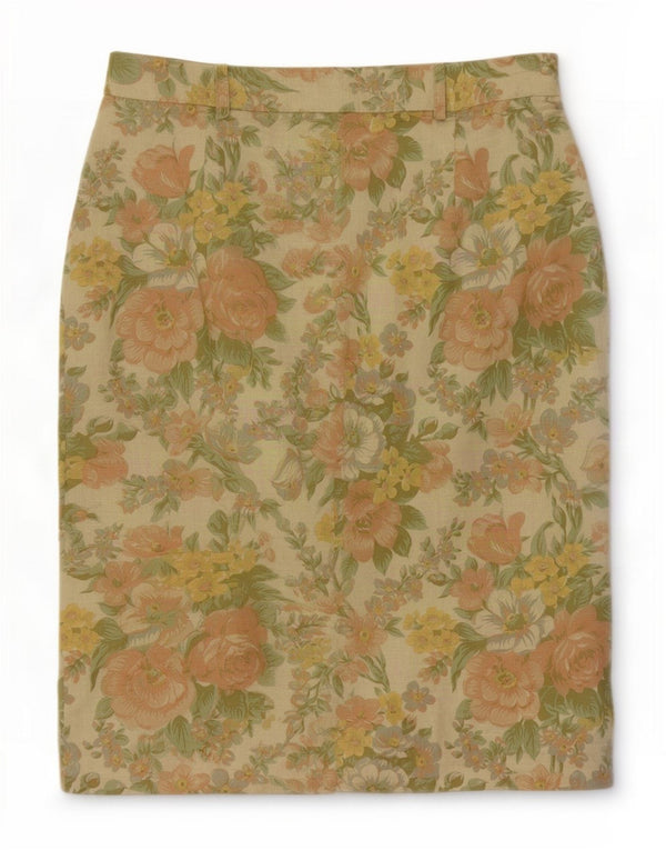 Vintage mujer falda recta EU 42 grande W30 lino floral multicolor