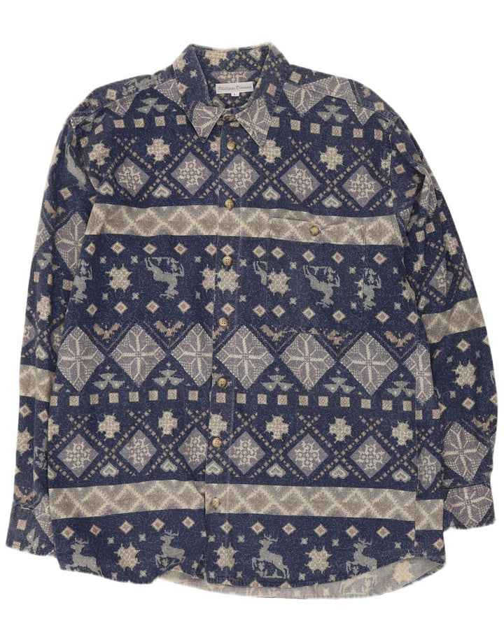 Vintage camisa para hombre grande azul marino geométrico