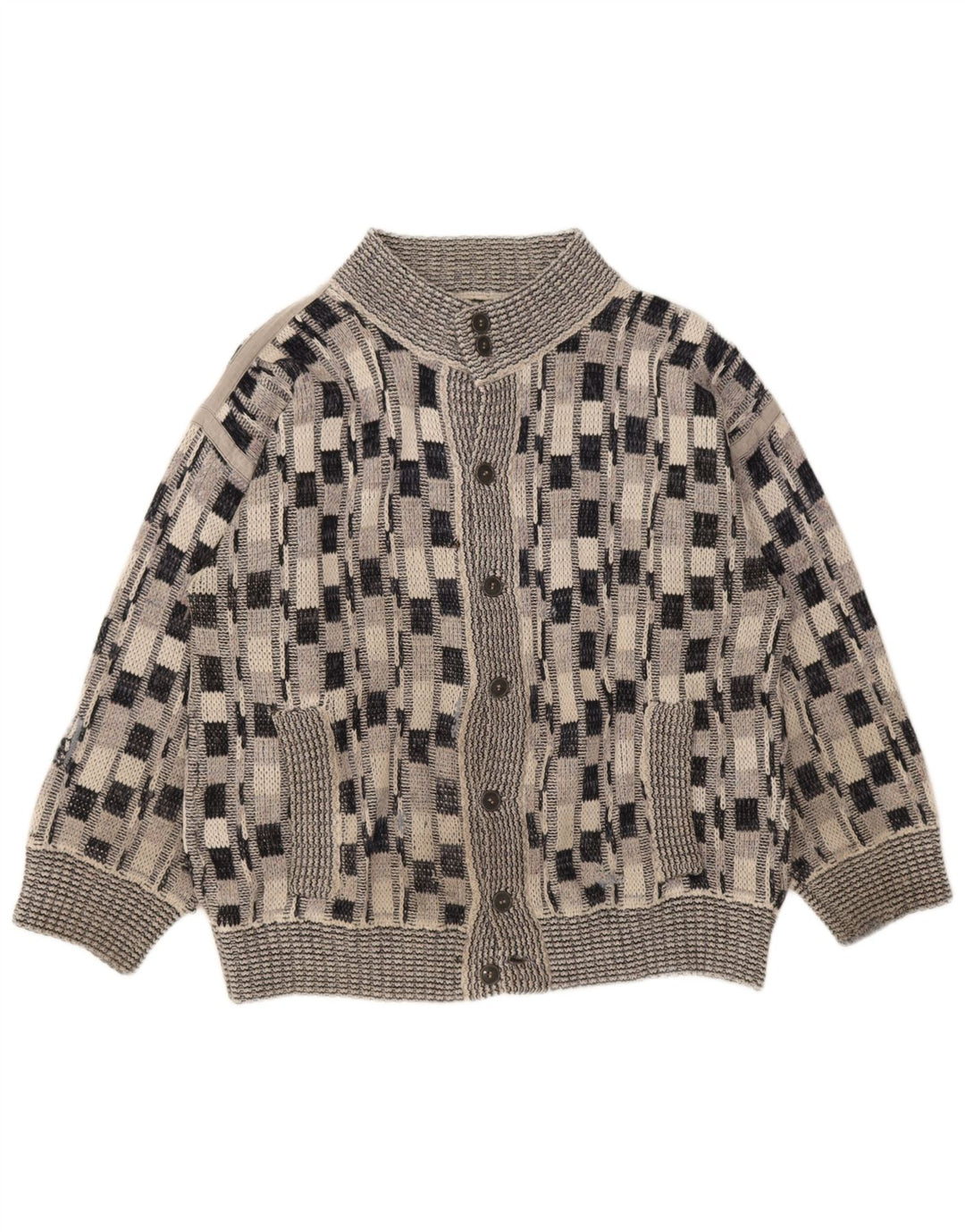 Vintage hombres Cardigan suéter grande gris cheque