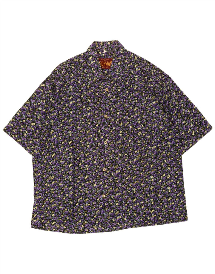 Vintage hombres camisa de manga corta medio púrpura floral