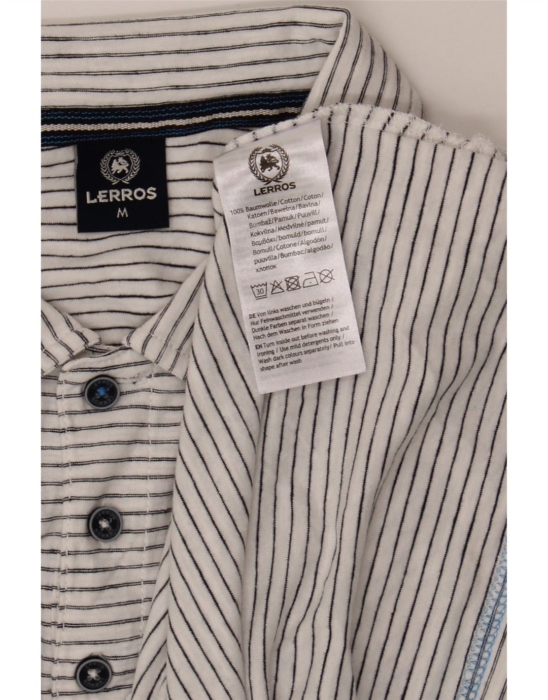 LERROS Mens Polo Shirt Medium White Striped Cotton Vintage Lerros and Second-Hand Lerros from Messina Hembry 