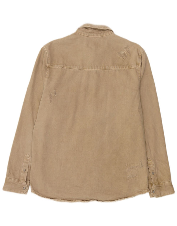 Zara Hombre Camisa Vaquera De Ajuste Relajado Desgastado Grande Algodón Beige