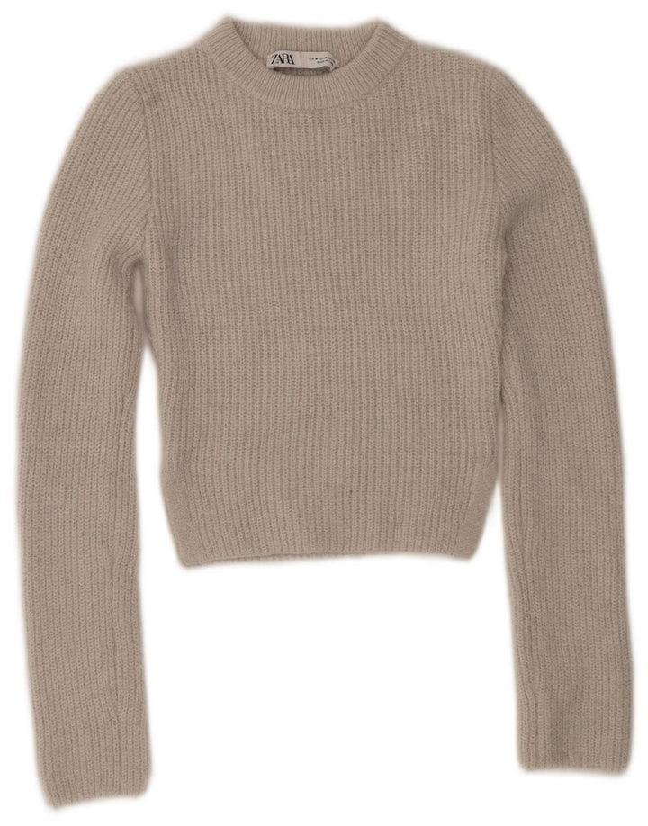 Zara - Jersey corto con cuello redondo para mujer, talla 40, poliéster gris medio