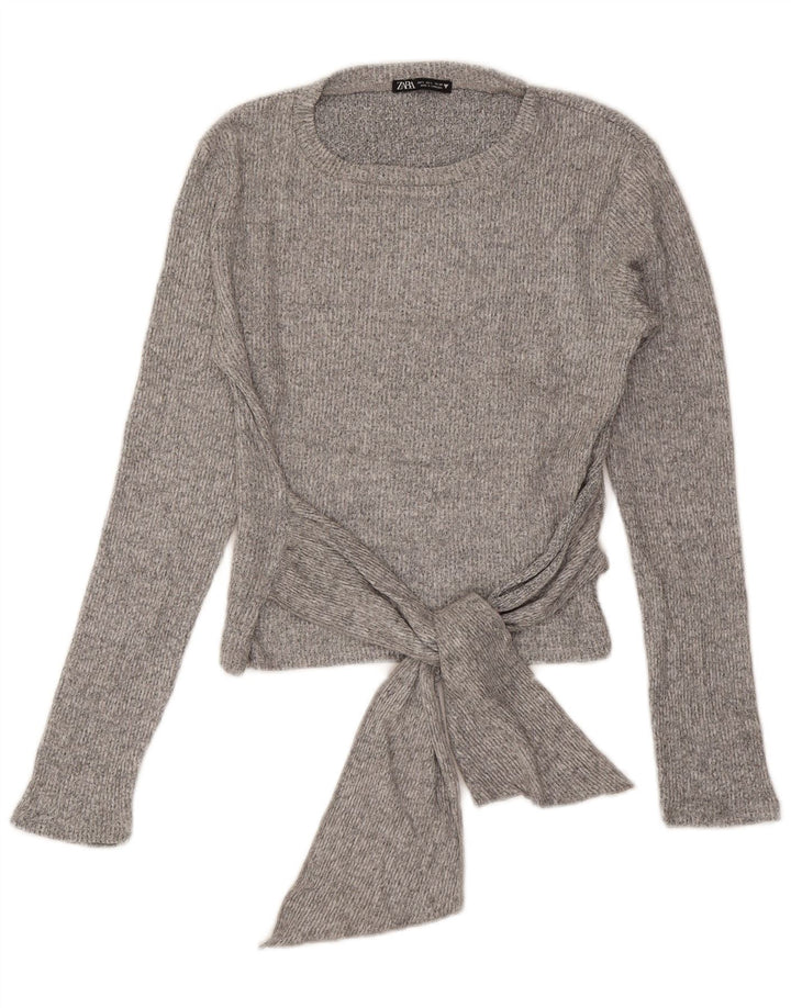 Zara Mujer Top Corto Con Lazo Frontal Manga Larga UK 44 Viscosa Gris Grande