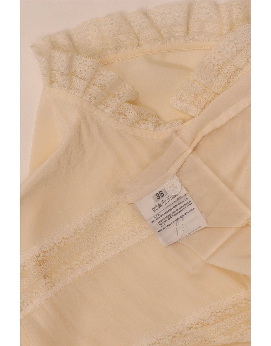 Vintage mujer camisa blusa EU 38 medio beige rayas seda