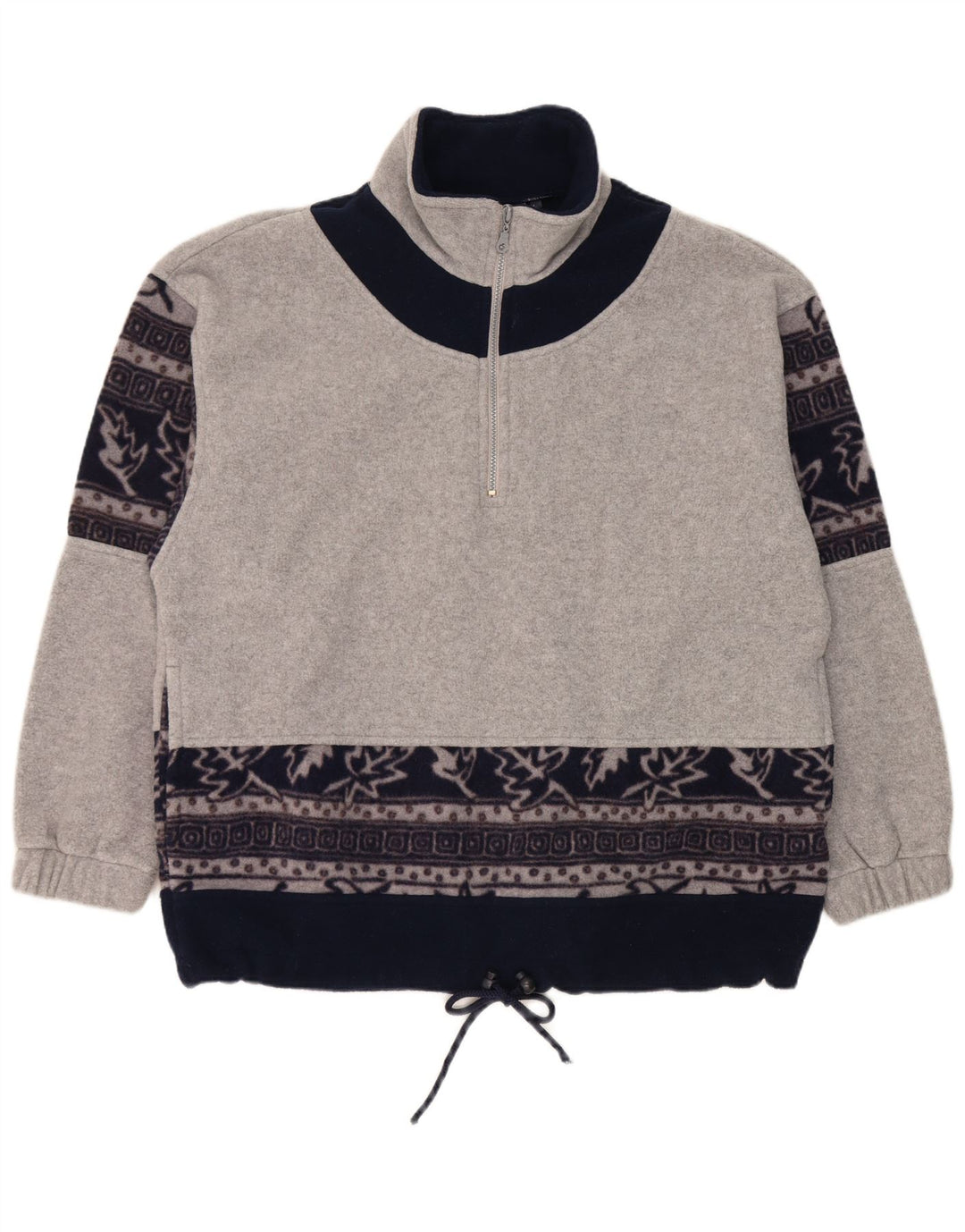 Vintage hombres zip cuello polar jumper grande gris floral poliéster