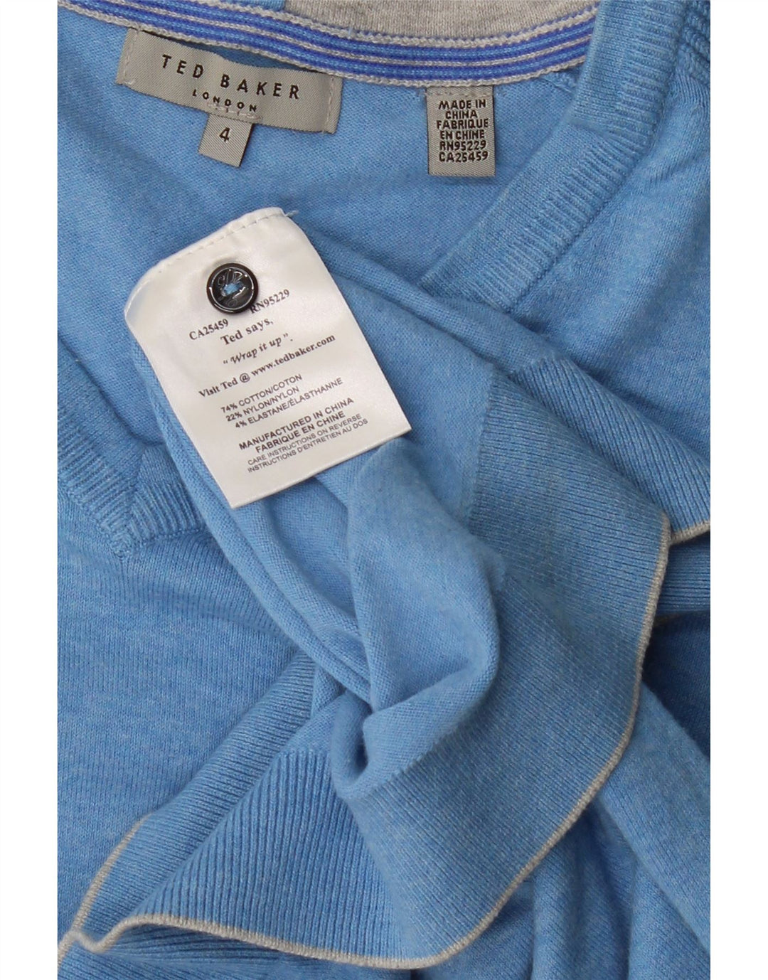 TED BAKER Suéter con cuello en V para hombre Talla 4 Grande Algodón moteado azul