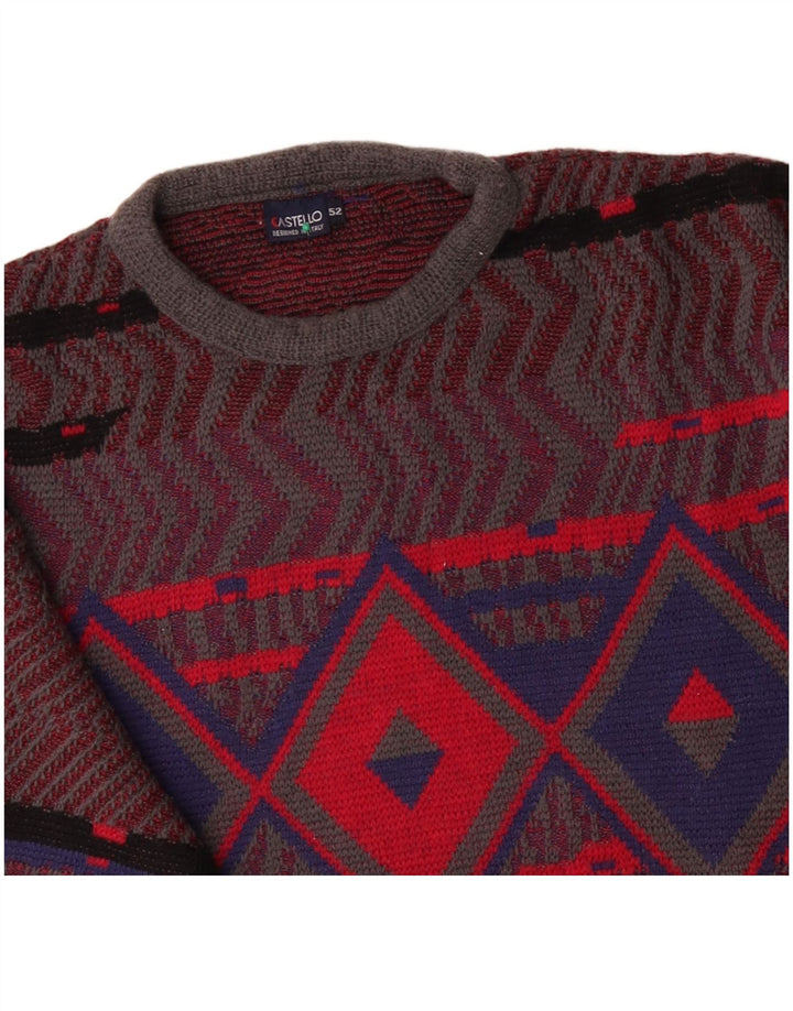CASTELLO Jersey de cuello redondo para hombre IT 52 Large Red Argyle/Diamond Wool