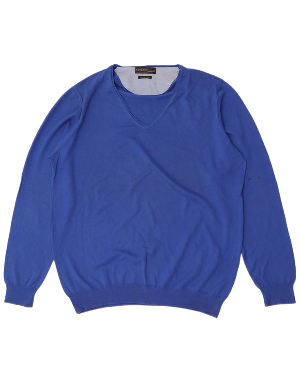 Zara Hombre Jersey Cuello Pico XL Azul Algodón