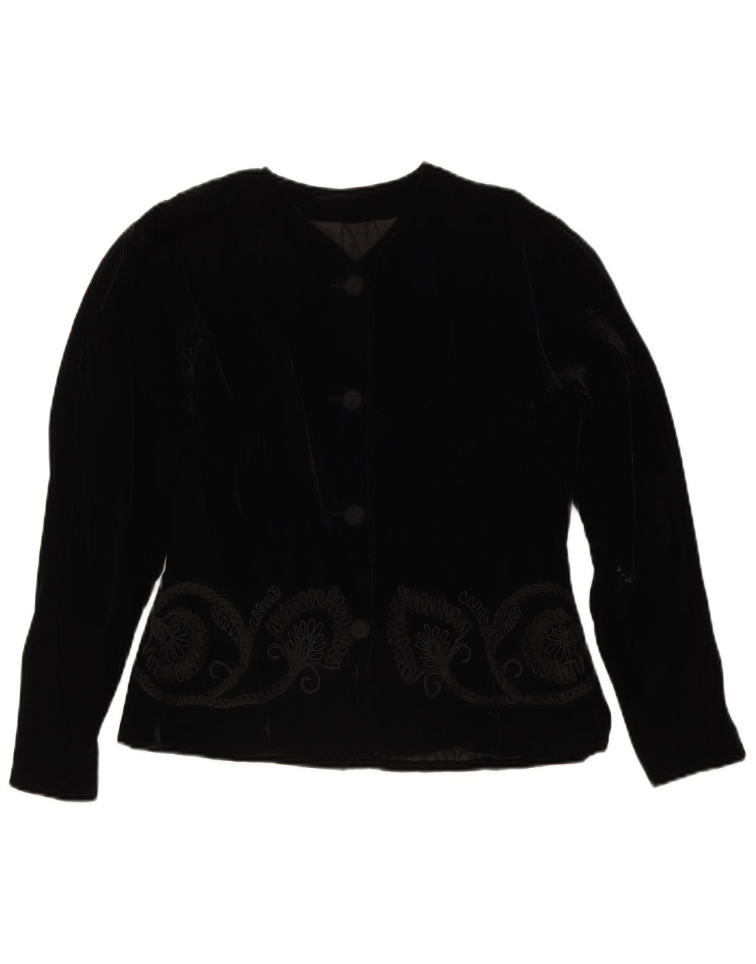 Vintage mujer 4 botones terciopelo Blazer chaqueta Reino Unido 14 medio negro floral