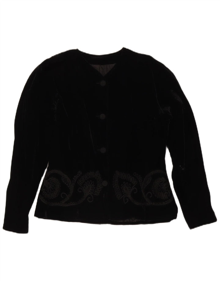 Vintage mujer 4 botones terciopelo Blazer chaqueta Reino Unido 14 medio negro floral
