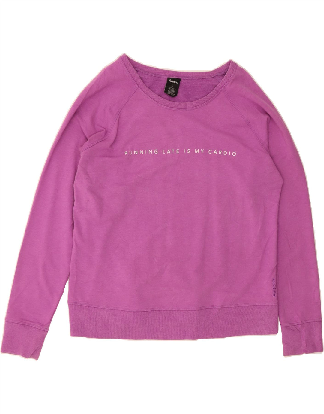 REEBOK Womens Graphic Sweatshirt Jumper UK 16 Large Purple Polyester Vintage Reebok and Second-Hand Reebok from Messina Hembry 