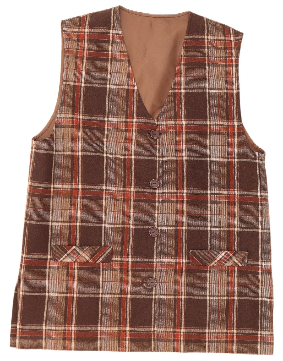 VINTAGE chaqueta blazer sin mangas de 4 botones para mujer Reino Unido 16 cheque marrón grande