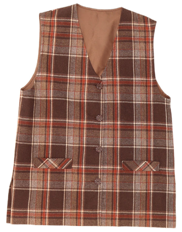 VINTAGE Womens 4 Button Sleeveless Blazer Jacket UK 16 Large Brown Check