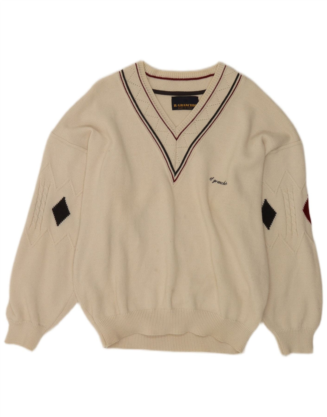 Il Granchio Jersey con Cuello en V para Hombre Large White Argyle/Diamond