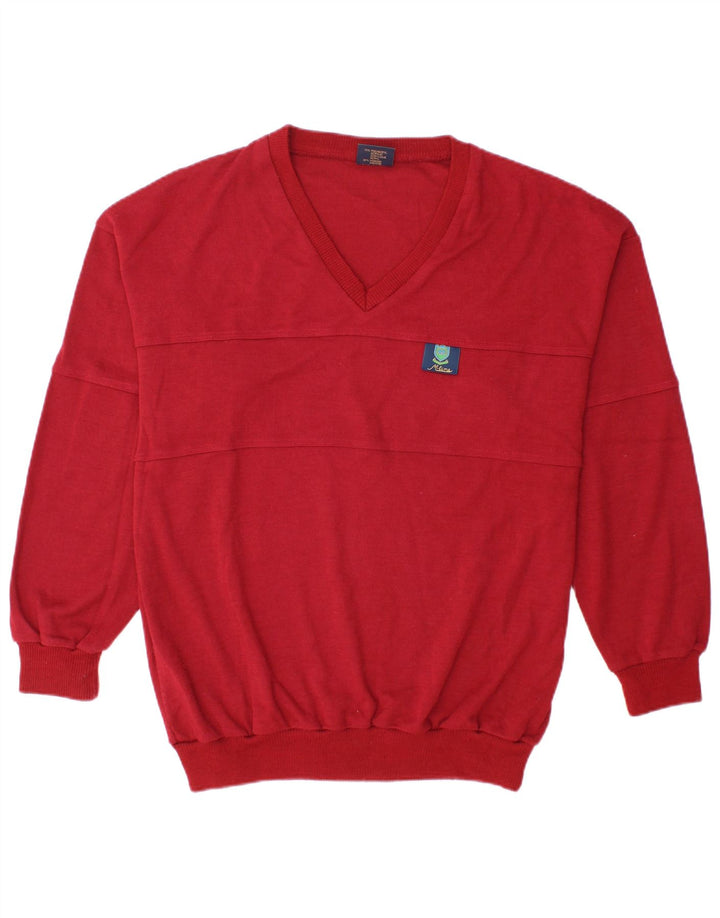VINTAGE Hombres V-Cuello Jumper Suéter Grande Rojo Poliacrílico
