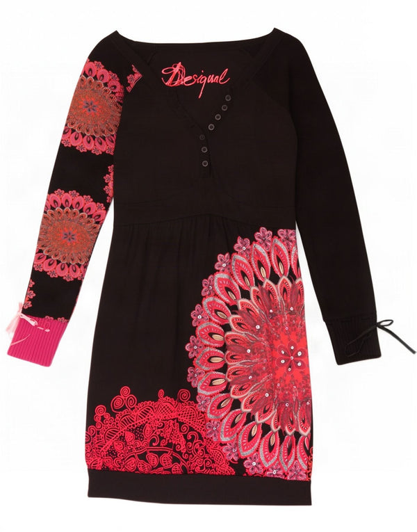 Desigual Vestido tubo de manga larga gráfico para mujer UK 8 Small Black Floral