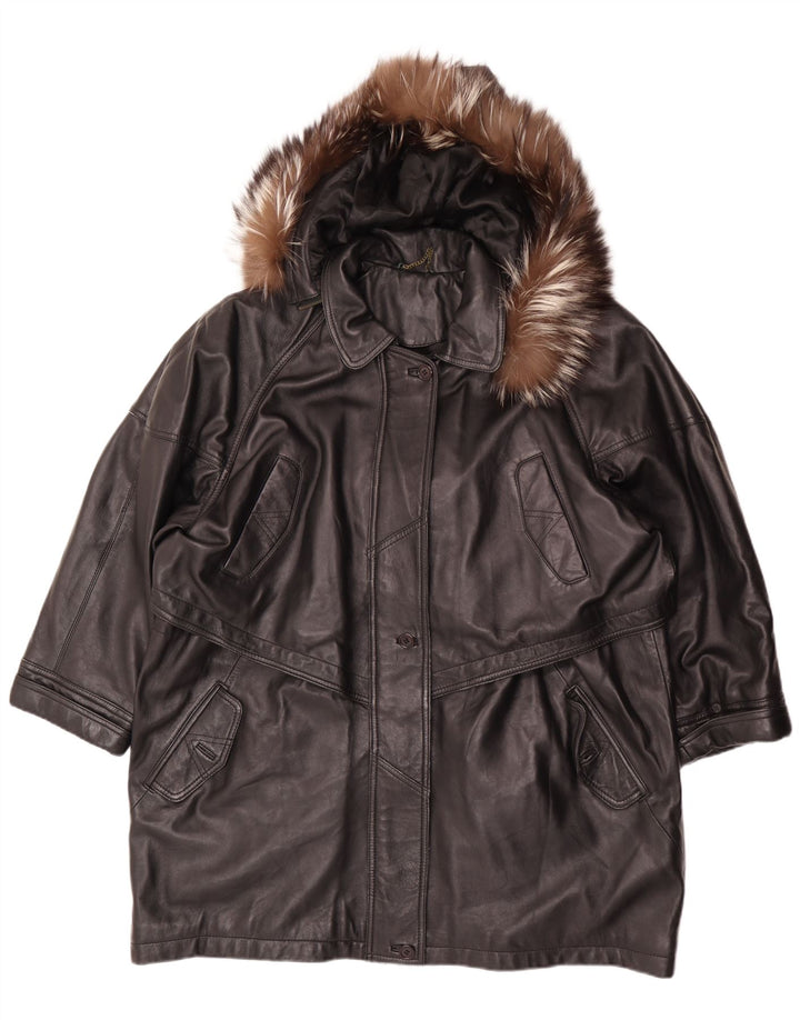 Vintage mujer con capucha abrigo de cuero de gran tamaño EU 46 XL cuero negro