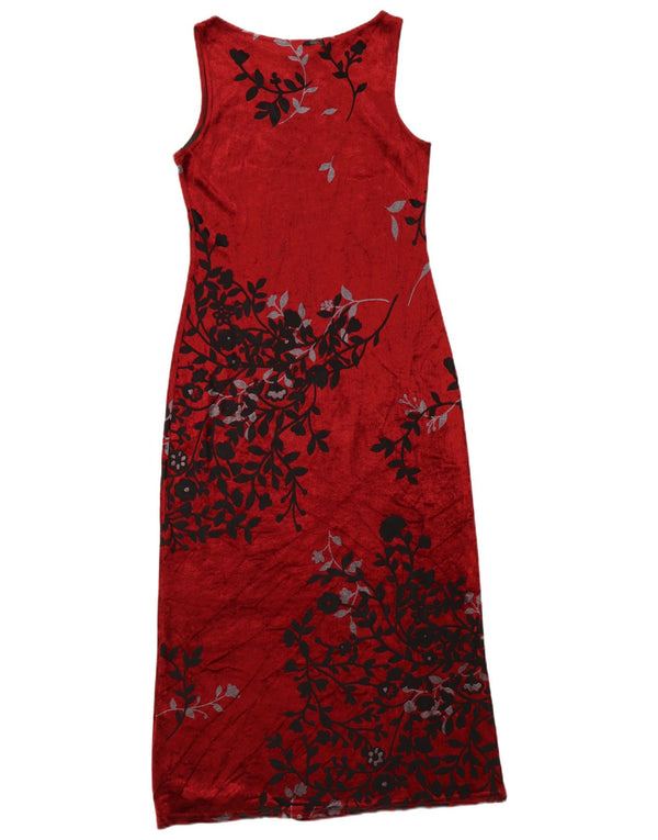 Vintage mujer sin mangas Maxi vestido Reino Unido 12 Medio Borgoña Floral Viscosa