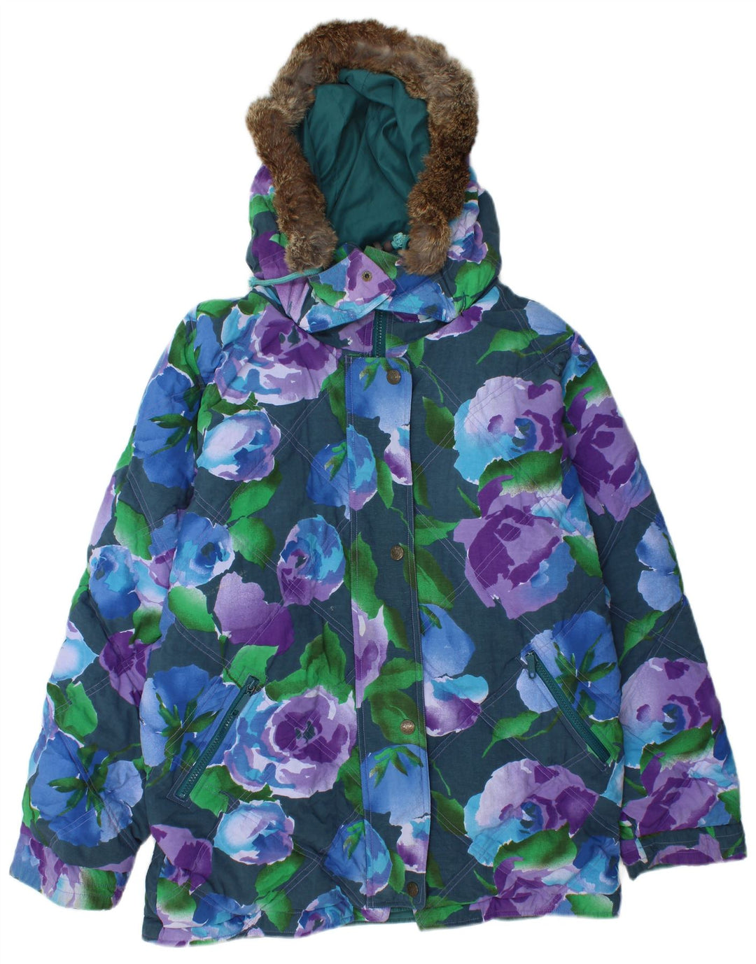 VINTAGE Chaqueta reversible gráfica de gran tamaño para mujer Reino Unido 16 Turquesa grande