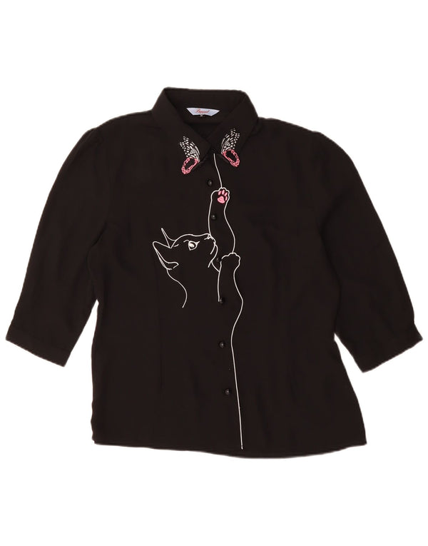 Vintage mujer gráfica manga corta camisa blusa Reino Unido 14 medio negro