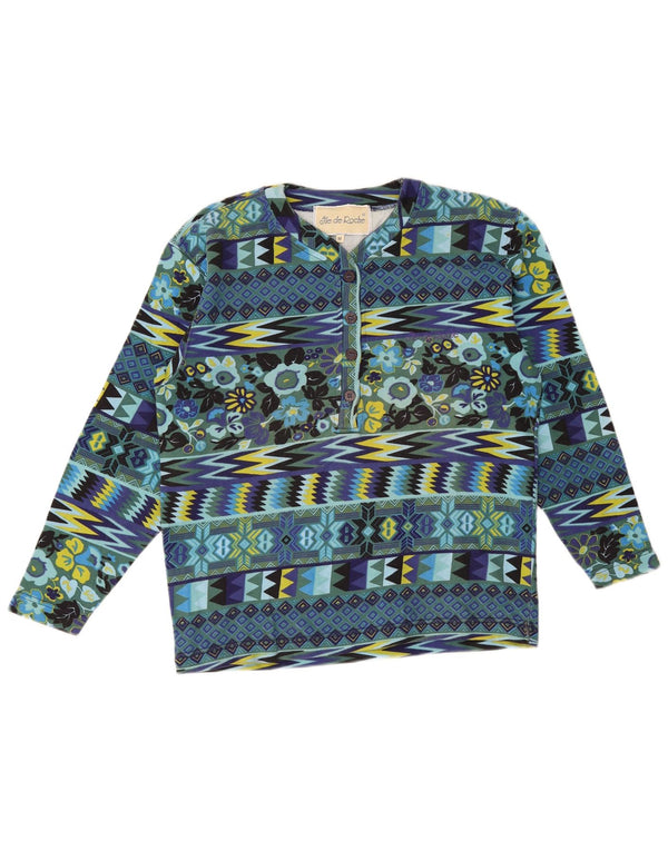 Vintage mujer top manga larga Reino Unido 14 algodón geométrico azul medio
