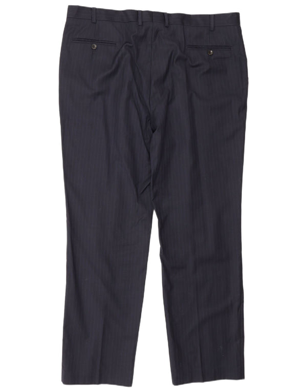 Marks & Spencer Pantalón de traje recto para hombre W42 L33 Lana a rayas azul marino